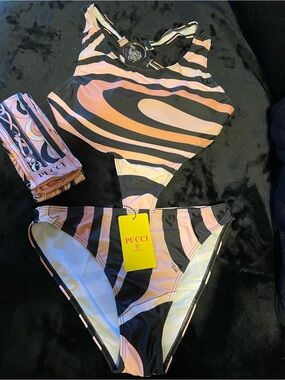 2 pieces Coral & Black Swirl women One-Piece swim suit and scarf or hair band